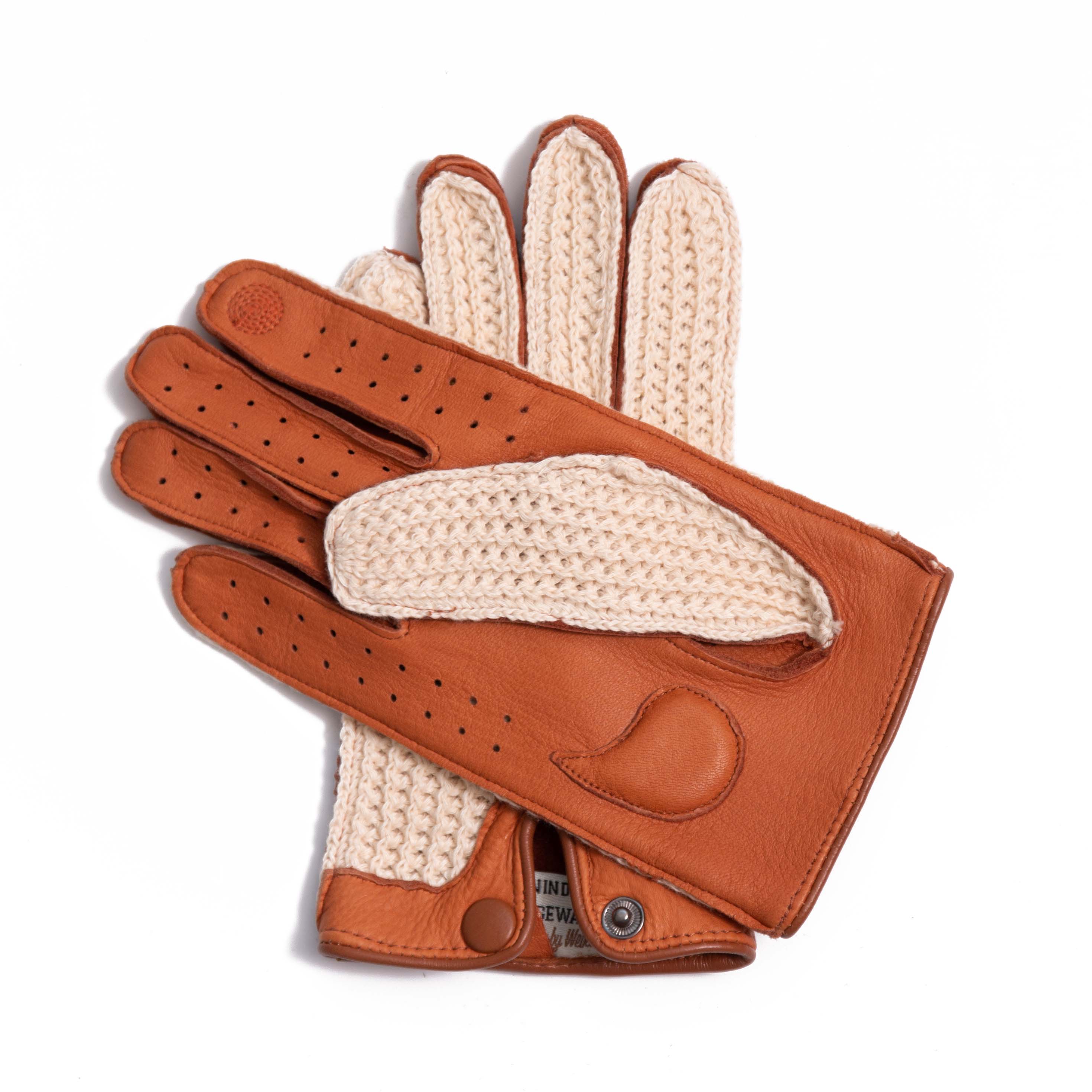 Flotte Biene - Hirschleder Autofahrer Handschuhe mit Häkeloberteil - Touchfunktion