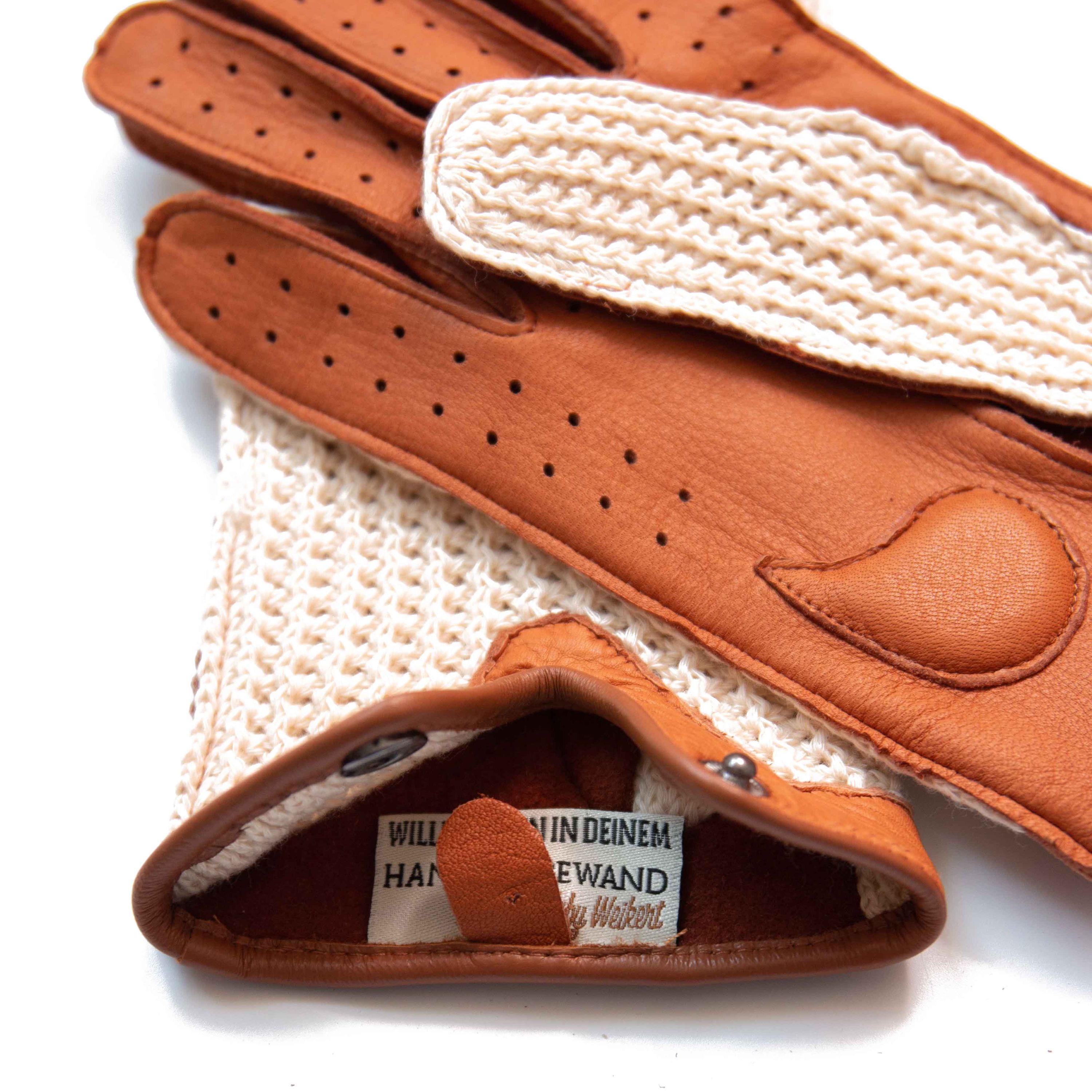 Flotte Biene - Hirschleder Autofahrer Handschuhe mit Häkeloberteil - Touchfunktion